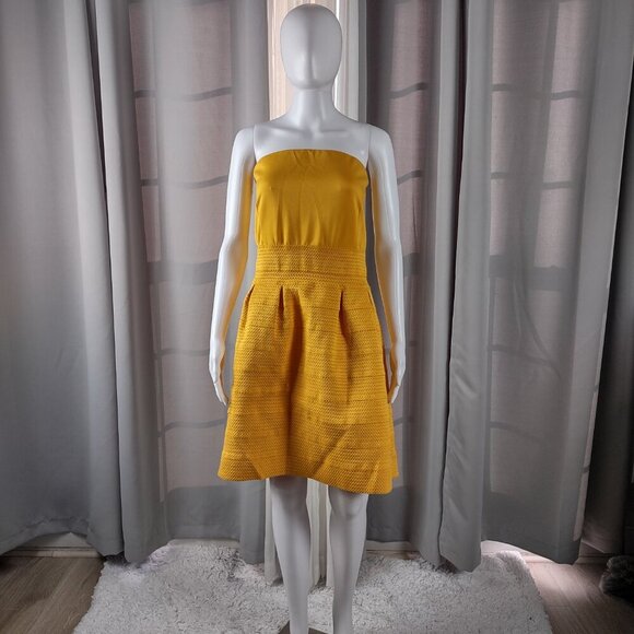 New York & Company Yellow Strapless Stretch Fit & Flare Smocked Waist Dress XXL - Picture 2 of 12
